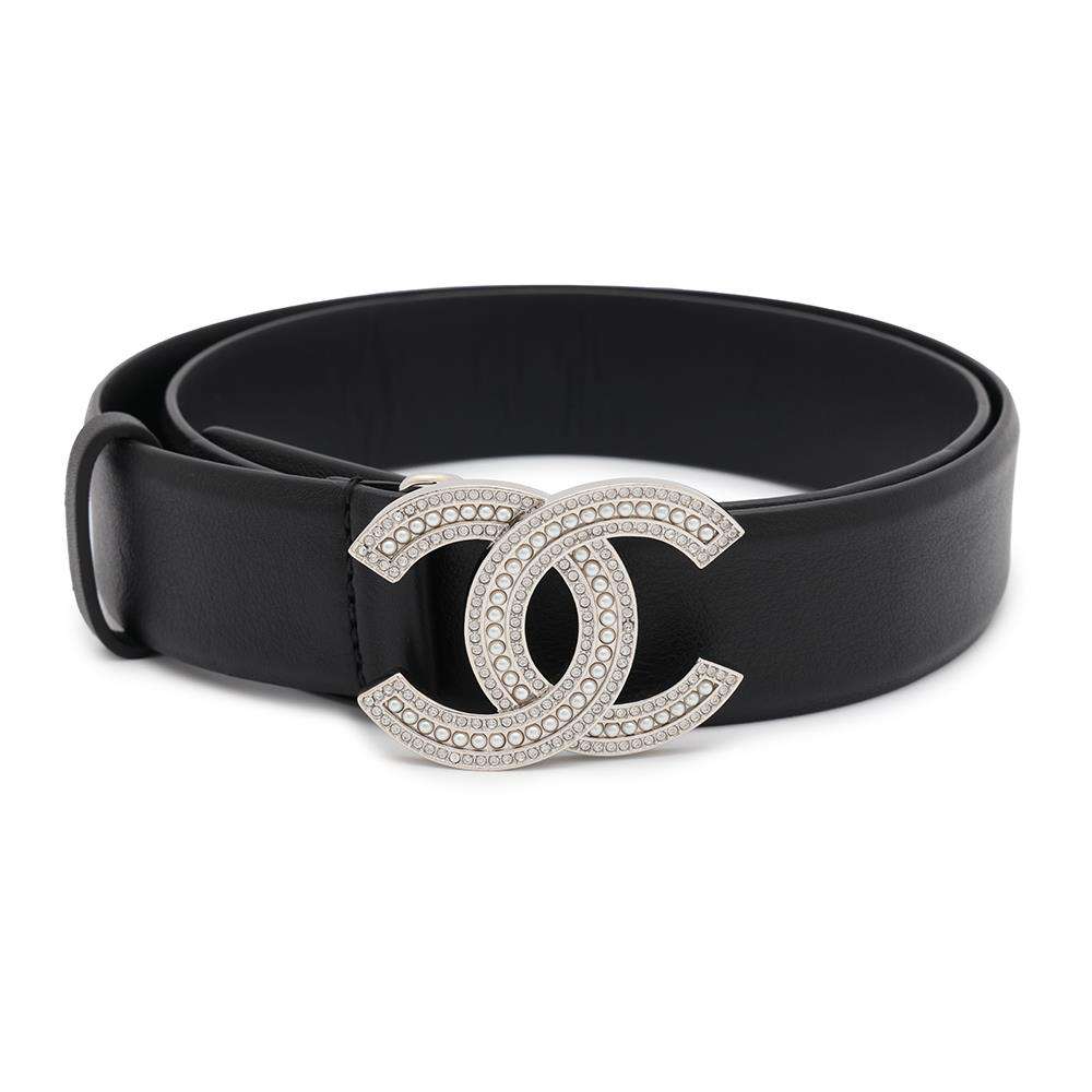 CHANEL CC Logo Belt Size 75 Black Leather