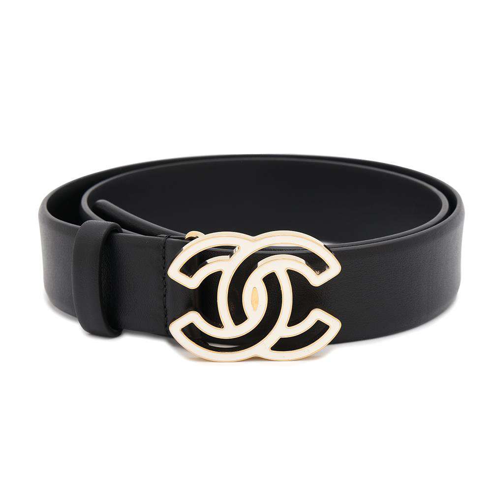 CHANEL CC Logo Belt Size 75 Black/White Leather