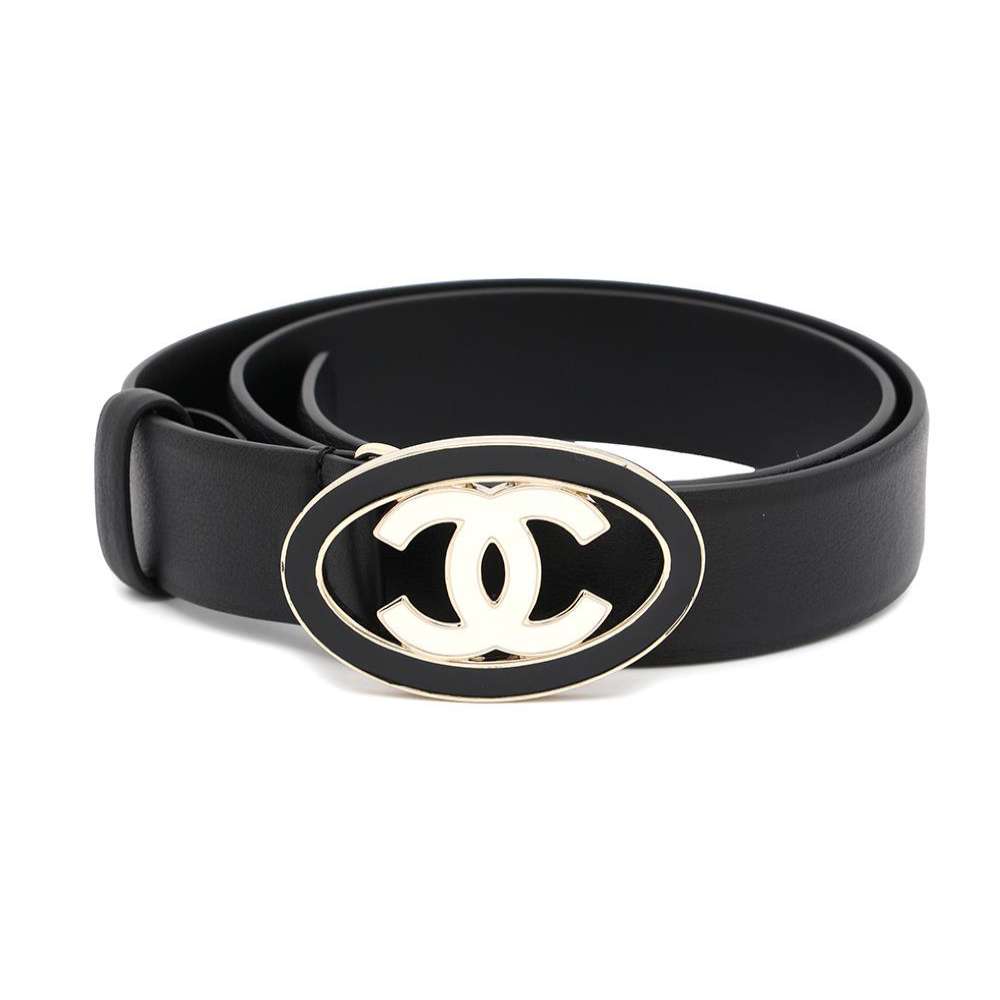 CHANEL CC Logo Belt Size 70 Black/White Leather