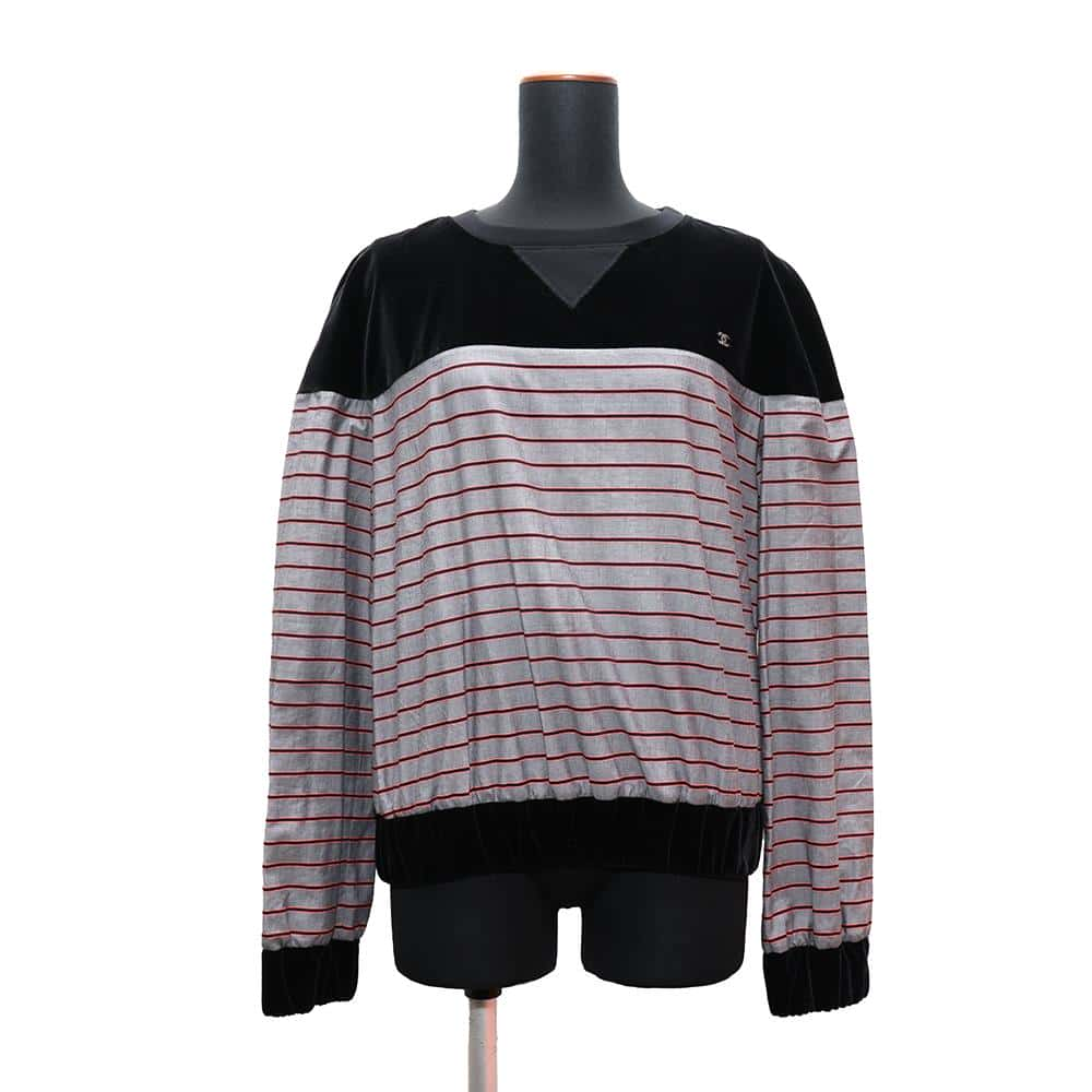 CHANEL Striped CC Logo sweatshirt Size 36 Black/Gray/RedP73405 Cotton96% Polyester4% Rhinestone