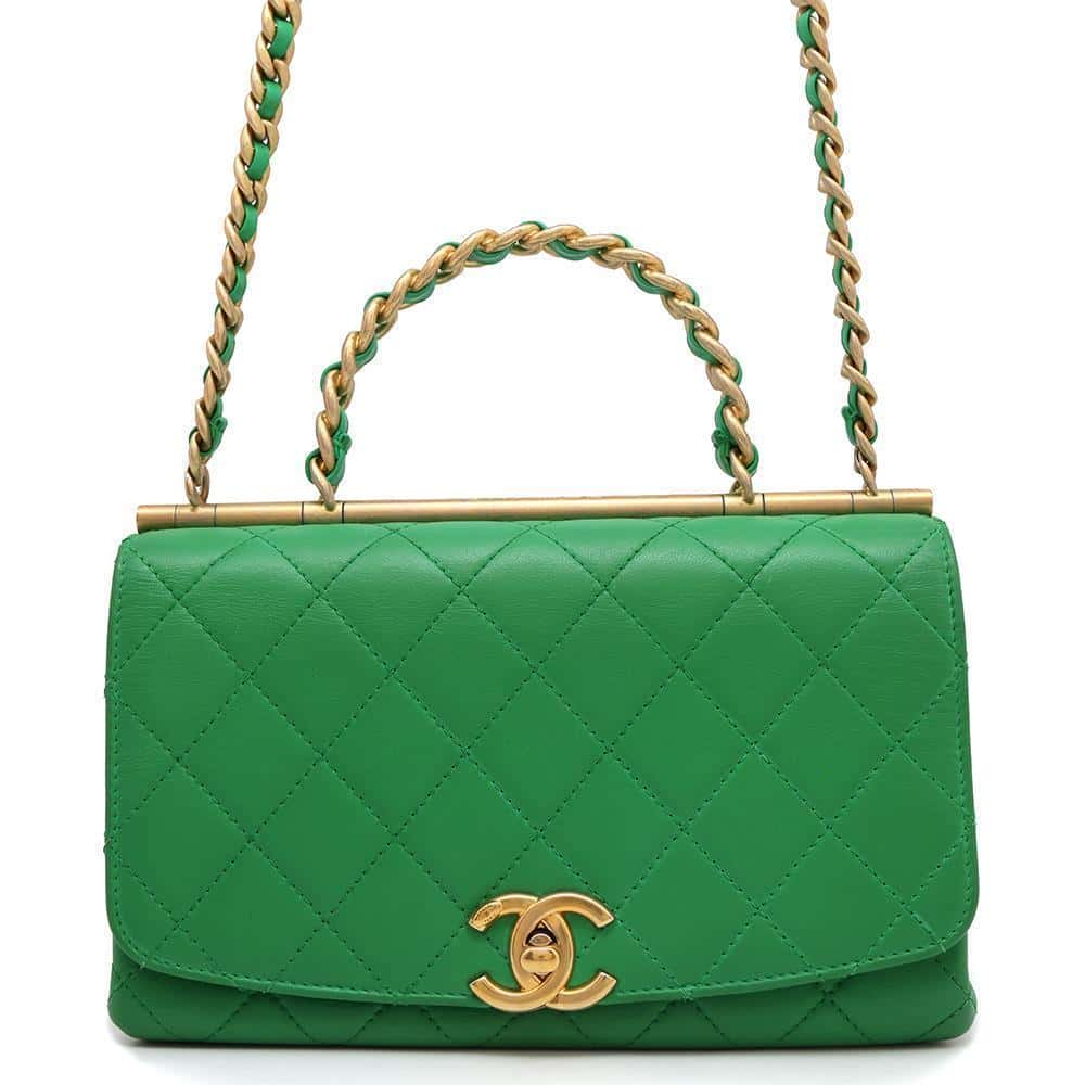 CHANEL Matelasse Top Handle 2WAY Green Lambskin