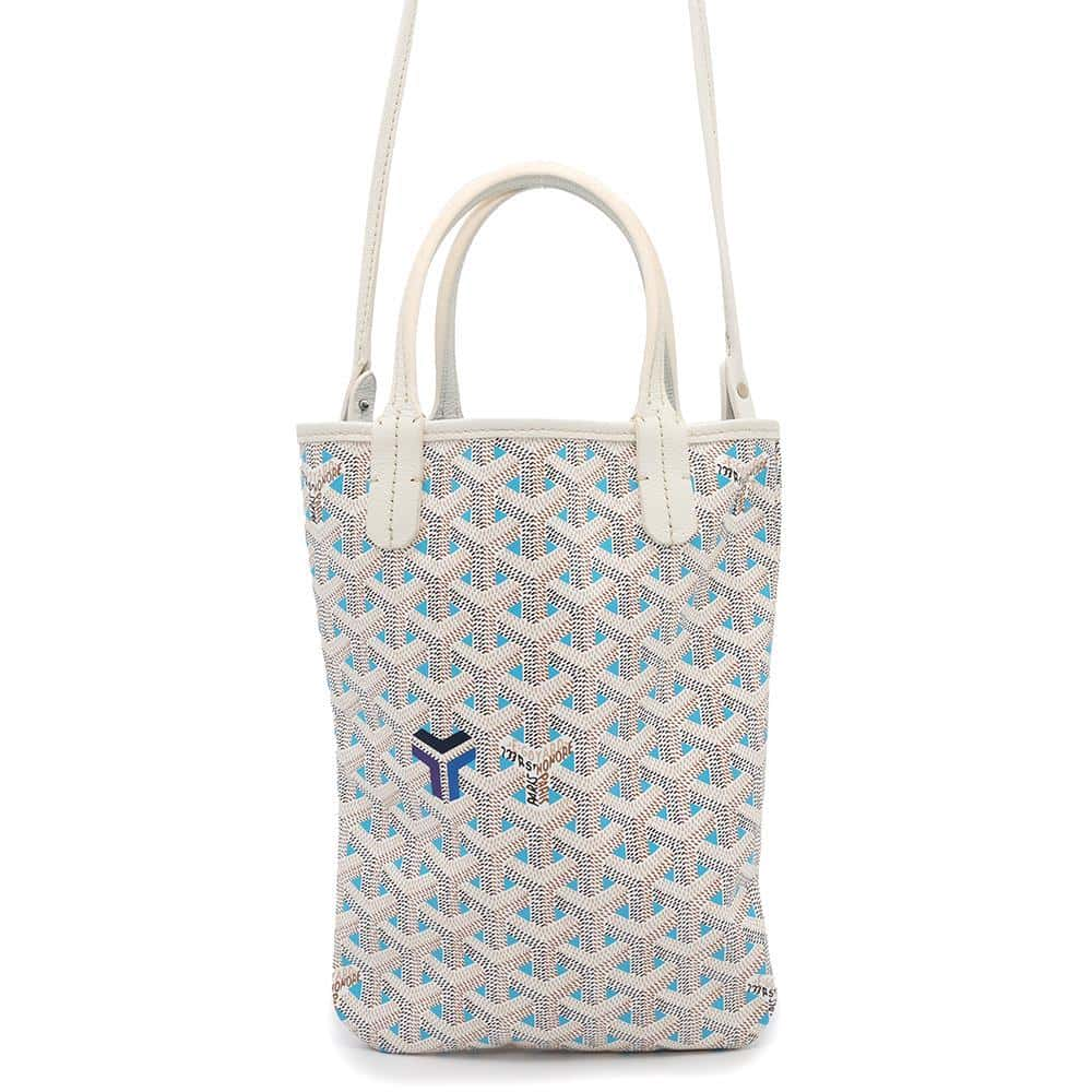 GOYARD Poitier Tote Bag Clairvoy White/Turquise Blue PVC Coated Canvas Calf Leather Size Mini