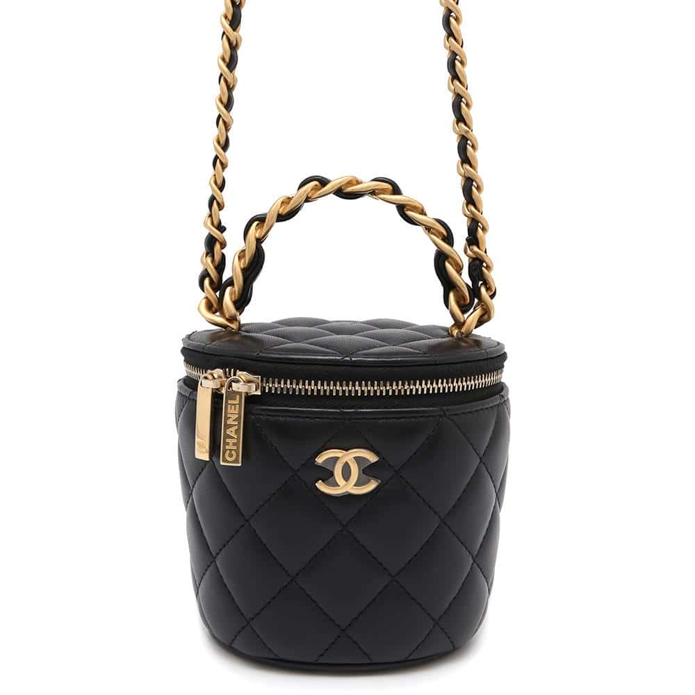 CHANEL Matelasse Top Handle Chain Vanity Black Lambskin