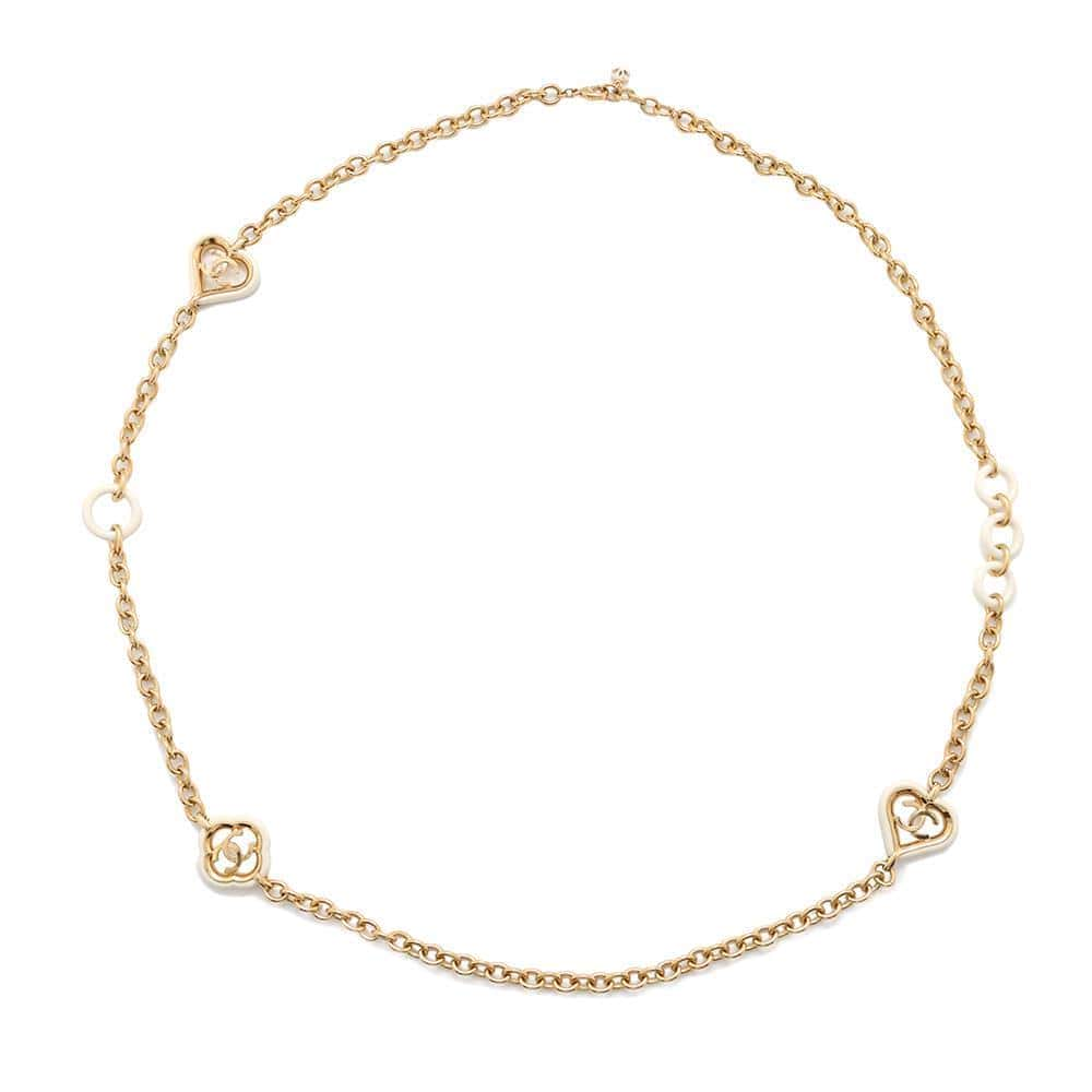 CHANEL CC Logo Heart Motif Chain Long Necklace White/Gold Metal Lacquer