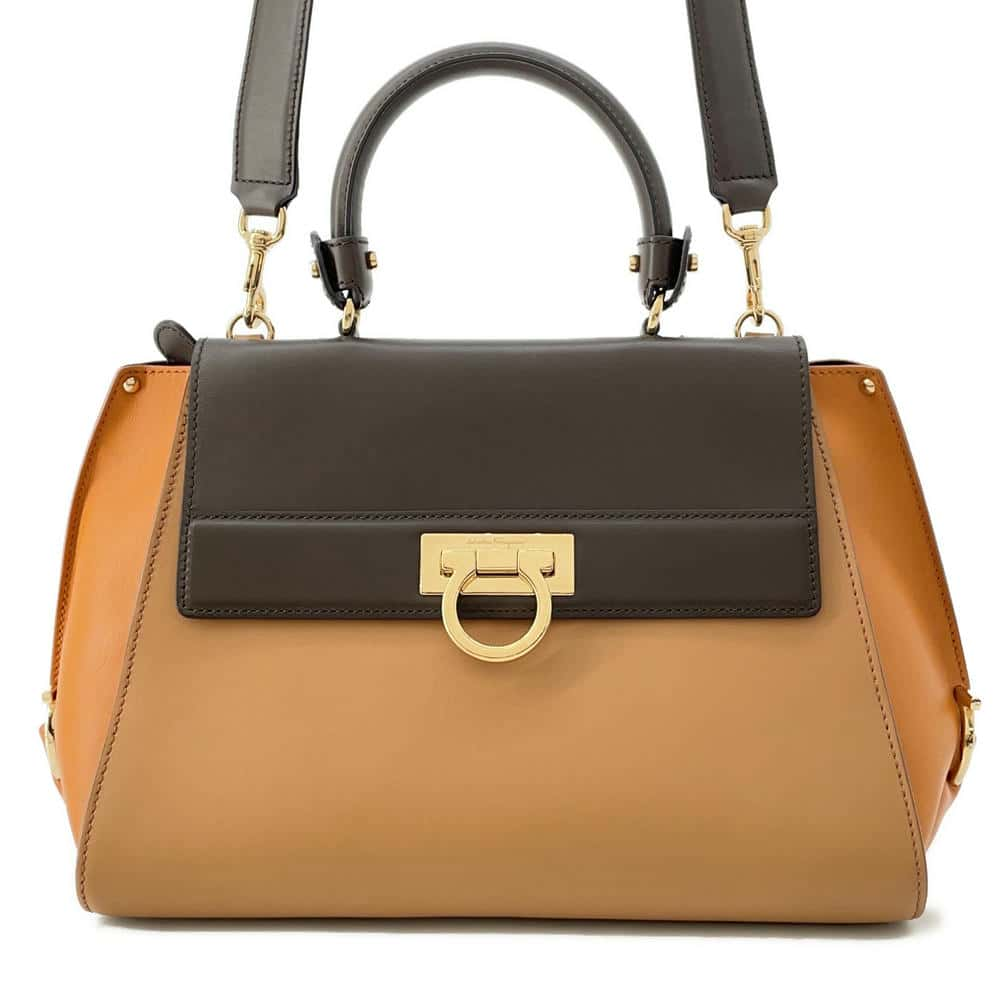 Ferragamo Gancini 2WAY Handbag Brown21 E530 Leather