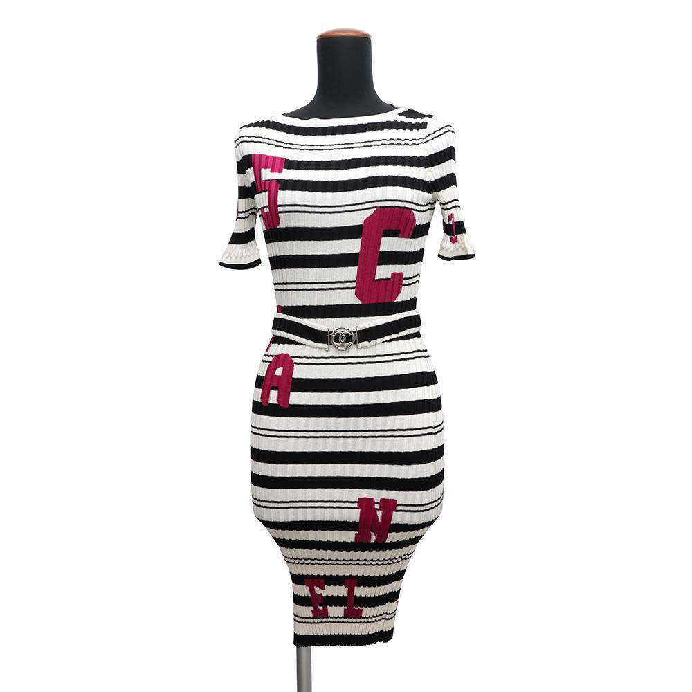 CHANEL Knit dress Size 36 White/BlackP60636 Silk84% Elastine16%