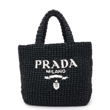 将图像加载到图库查看器中，PRADA Crochet Tote Bag Black1BG422 Raffia Size Small
