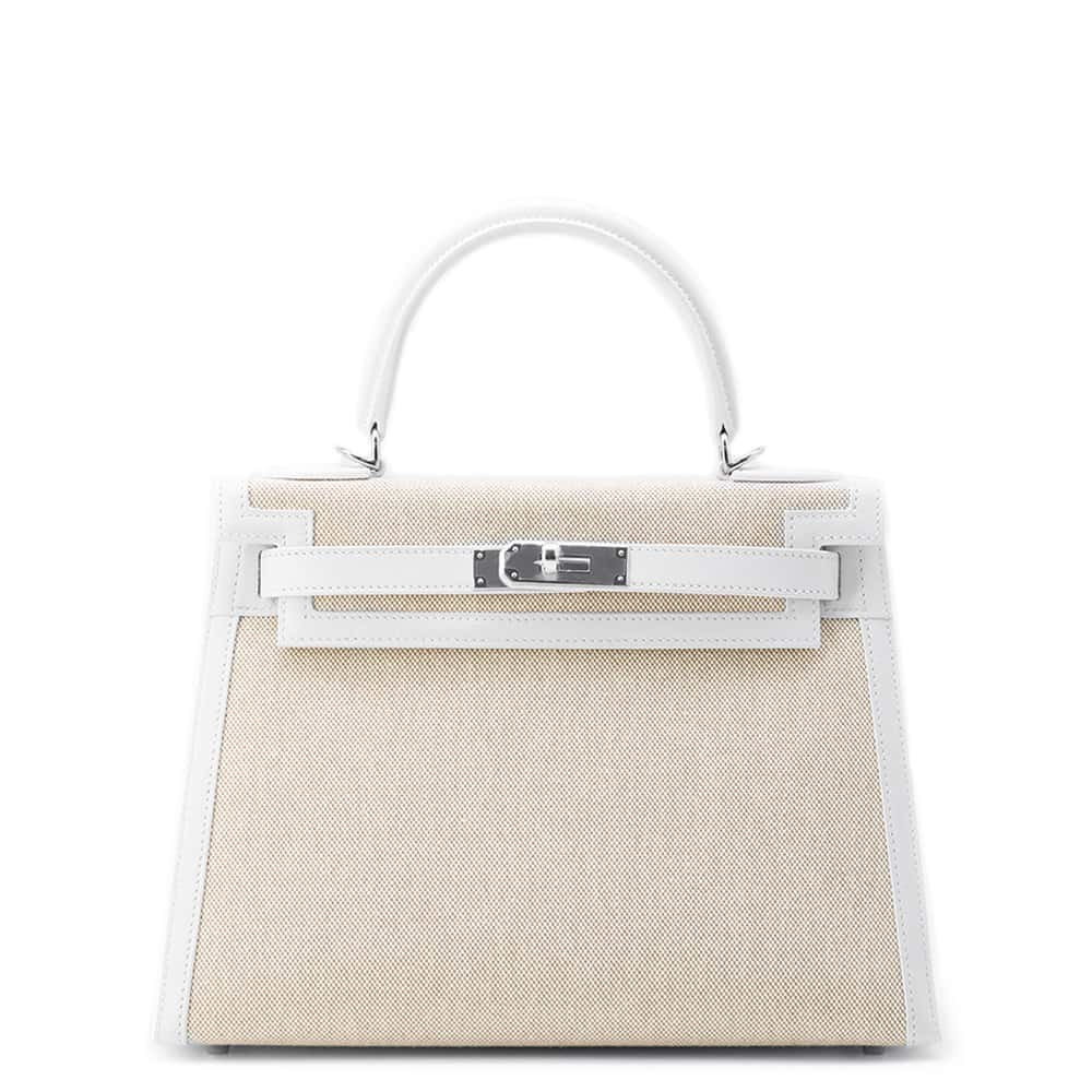 HERMES Kelly Sellier New White/Ecru Toile H Swift Leather Size 28