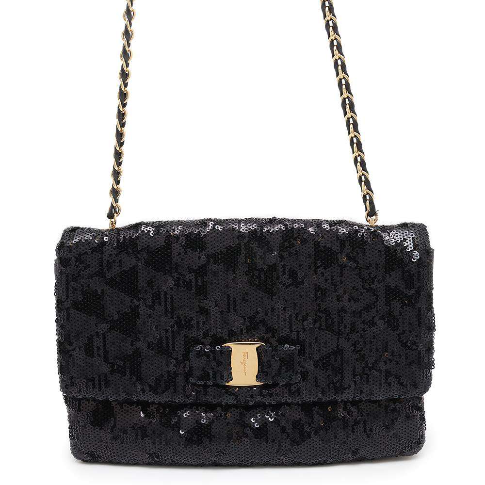 Ferragamo SequinsChainShoulder Bag BlackAU21/F013 Leather