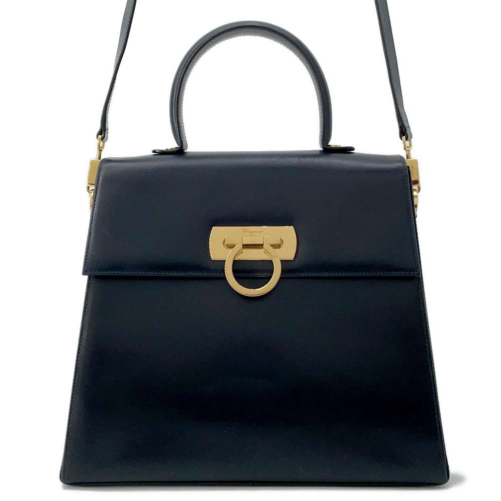 Ferragamo Gancini 2way Handbag NavyE210536 Leather