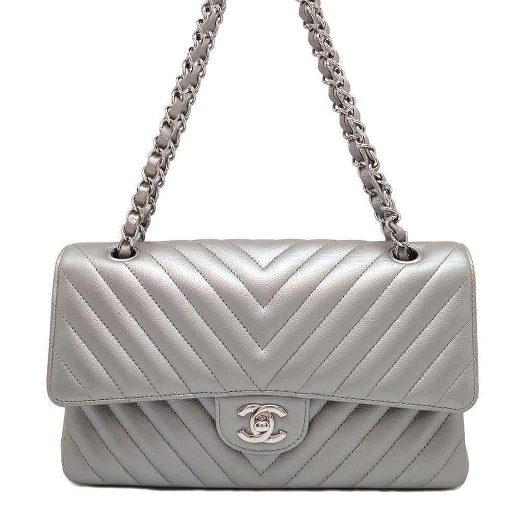 CHANEL Matelasse V Stitch ChainShoulder SilverA01112 Caviar Leather