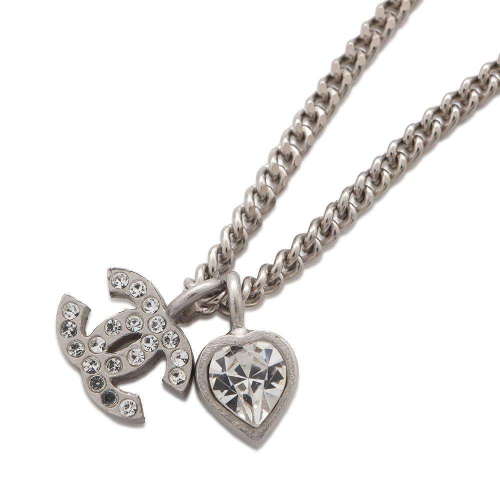 CHANEL CC Logo/Heart Necklace Silver Metal Rhinestone