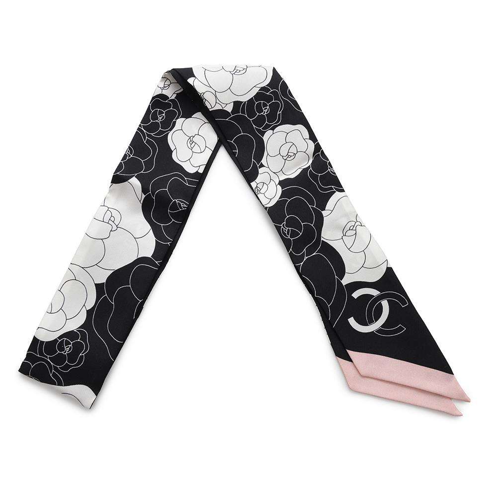 CHANEL CamelliaPattern Scarf Black/White/Pink Silk100%