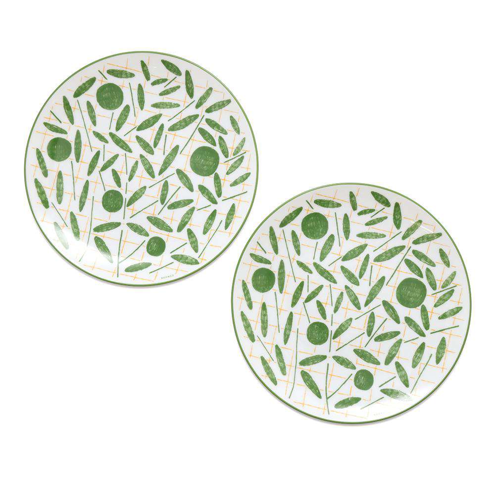 HERMES Dessert Plate [Walk in the Garden] Set of 2 Green/Yellow Porcelain Size 8.3