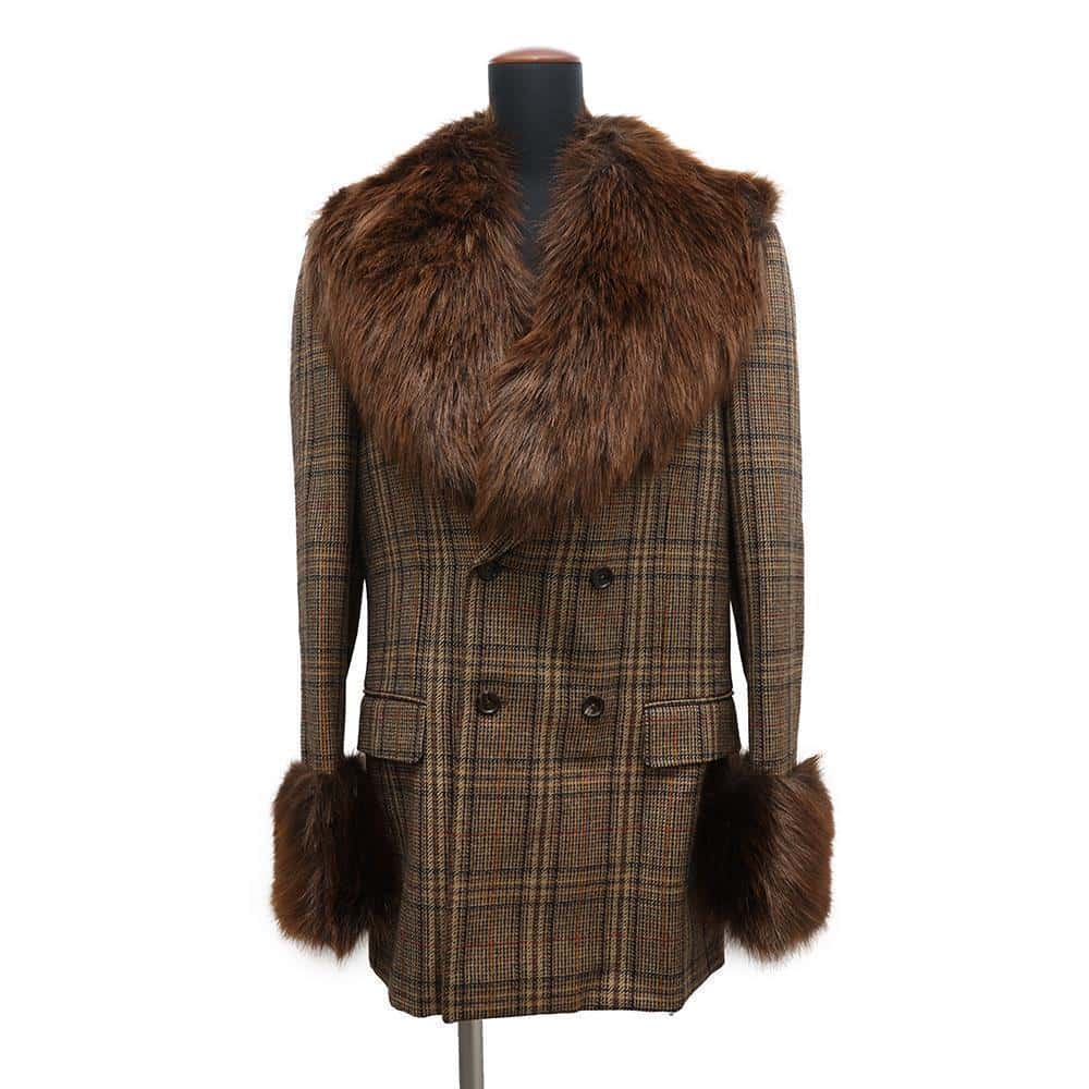 GUCCI Jacket Fur Check Size 46 Brown720624 ZAK56 Wool 100%