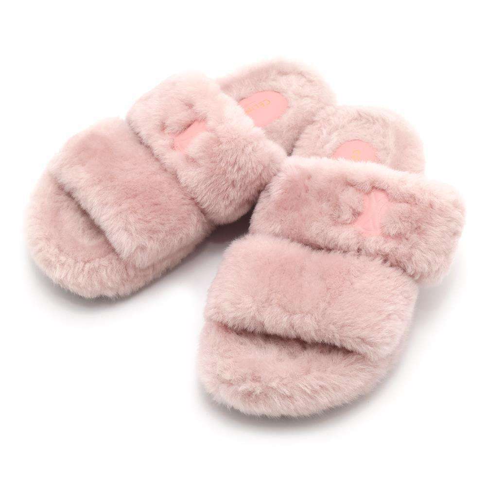 CELINE Triomphe Slide Sandals Pink Fur Size 36