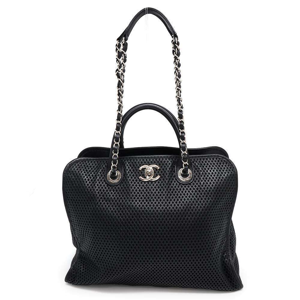 CHANEL French Viera Punching Chain Shoulder Black Leather