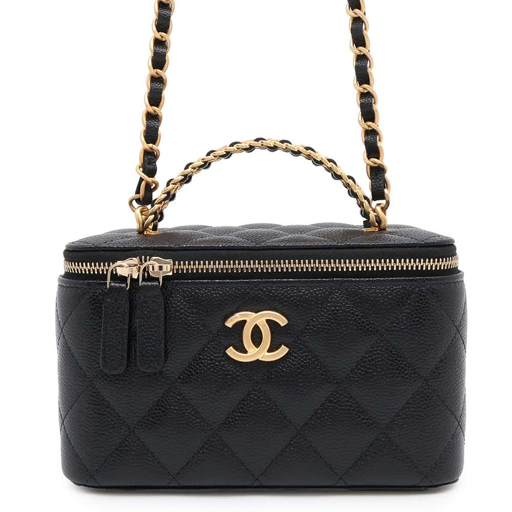 CHANEL Chain logo handle vanity bag Black Caviar Leather