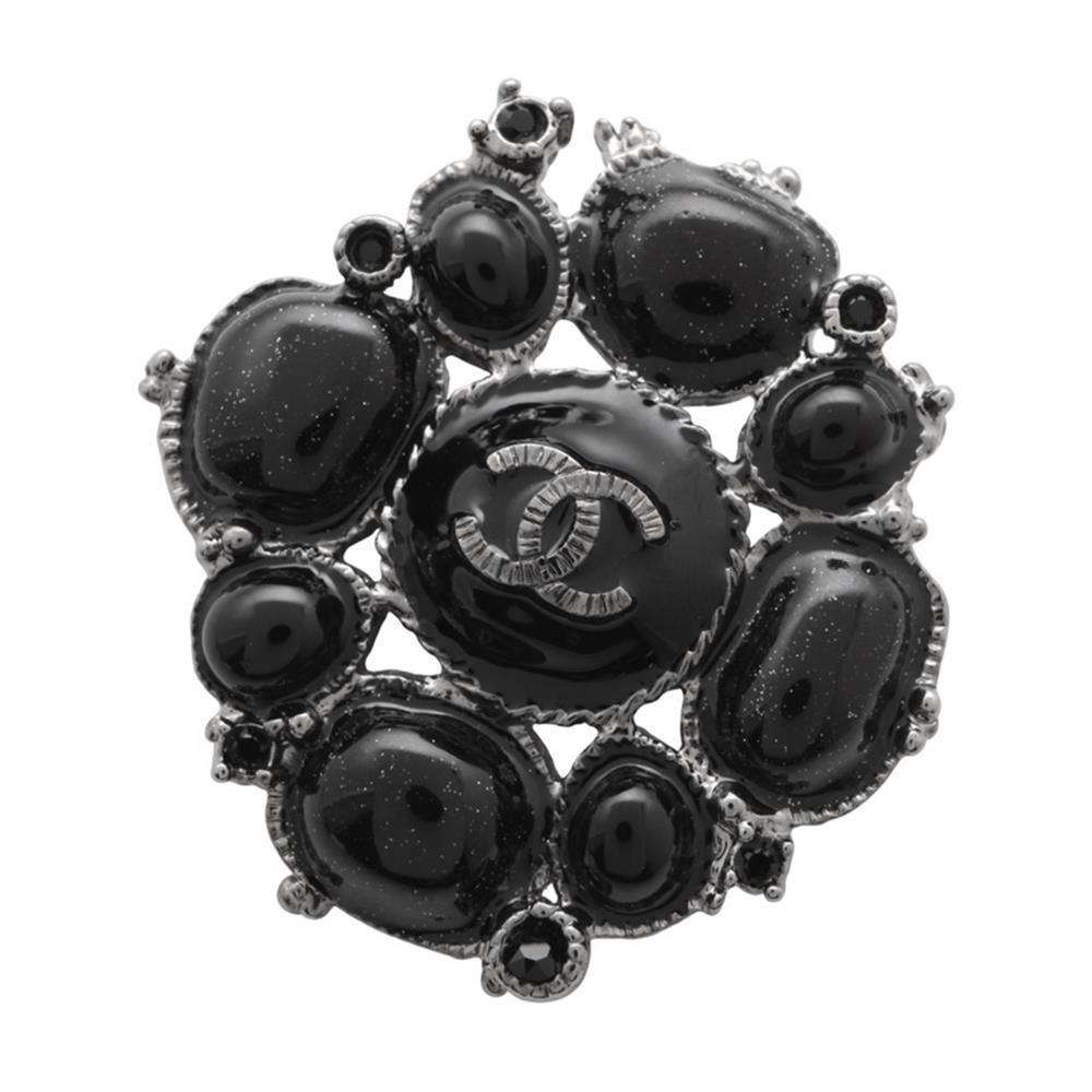 CHANEL CC Logo Brooch Black Metal  Rhinestone