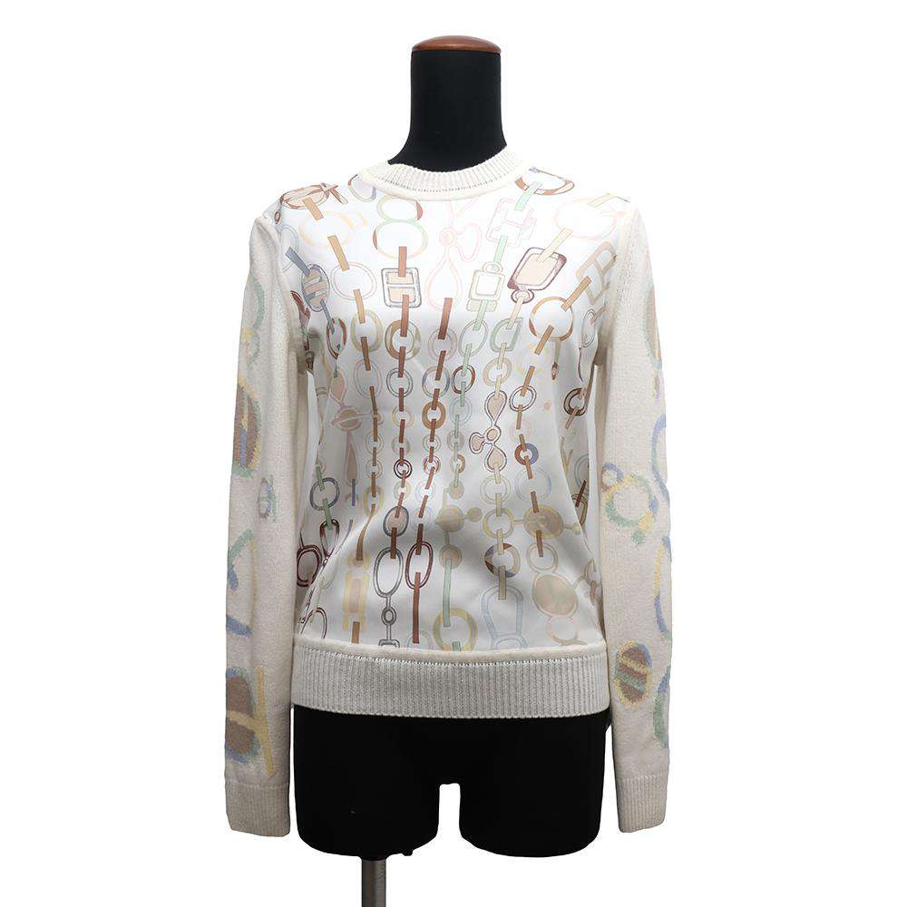 HERMES Chaine d'Ancre twill laine sweater Size 34 White/Multicolor Silk100% Cashmere100%