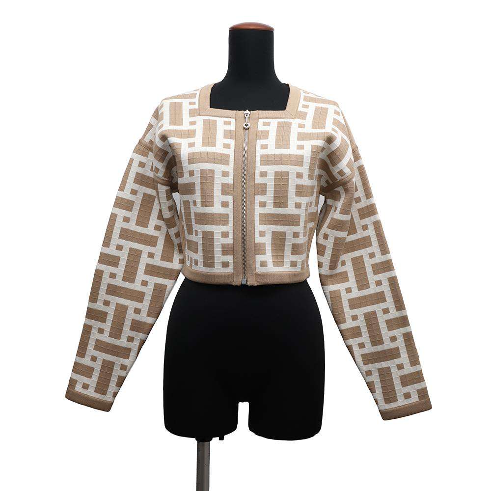 HERMES Short Zip Jacket Mosaique Size 34 Beige/White Silk64% Cotton19% Nylon16% Polyurethane1%