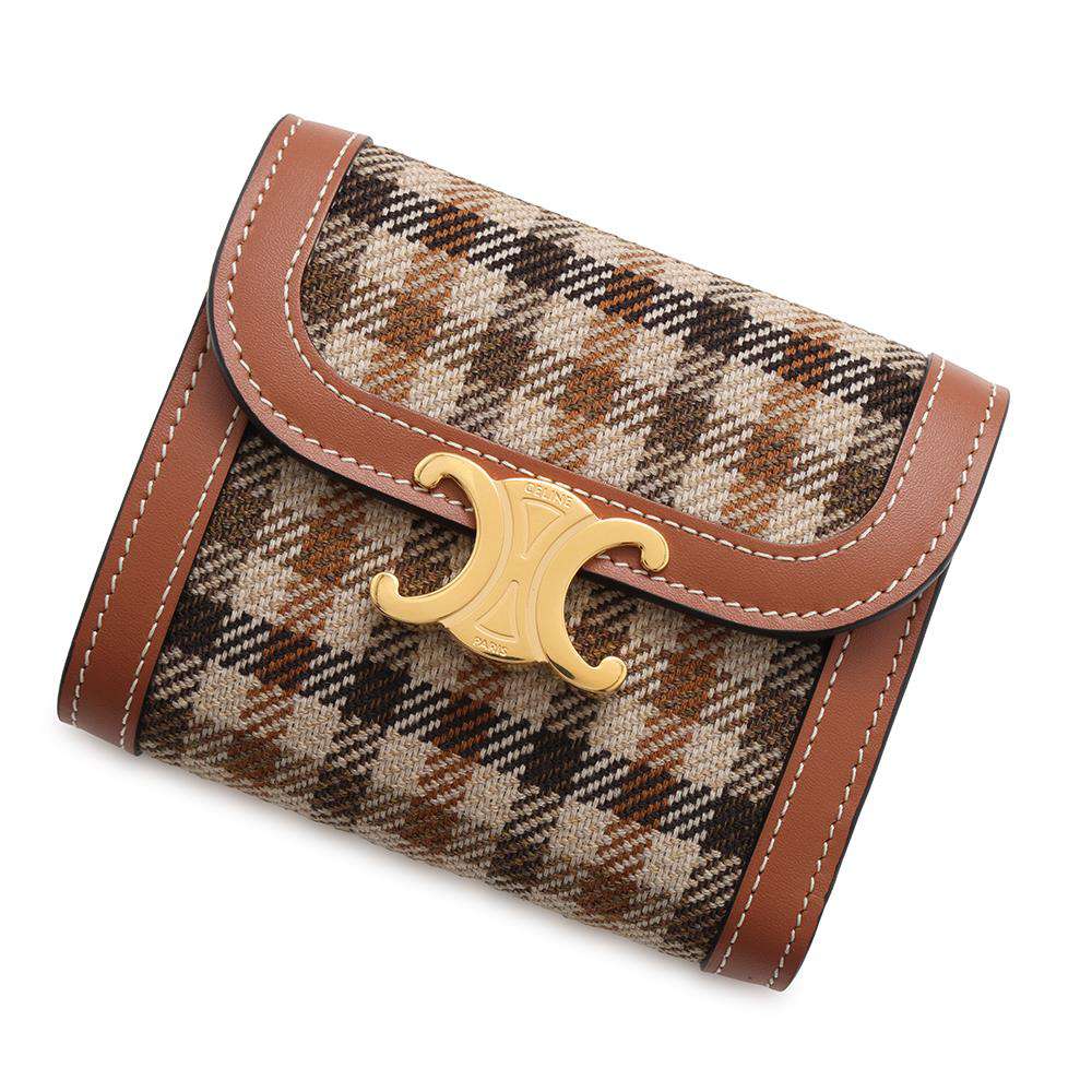 CELINE Small flap wallet Triomphe Brown/Dark Brown10D782GEB.14ML Tartan Textile/Calf Leather