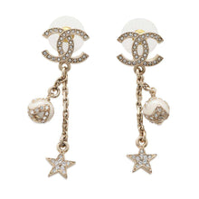 Load image into Gallery viewer, CHANEL CC Logo Star Motif Swing Earrings White Gold Plated Rhinestone
