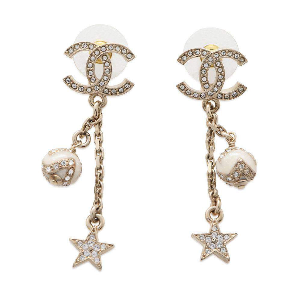 CHANEL CC Logo Star Motif Swing Earrings White Gold Plated Rhinestone