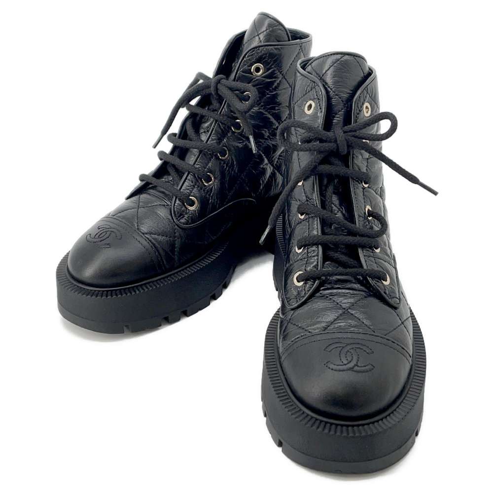 CHANEL Combat Boots Matelasse BlackG45833 Lambskin Size 38C