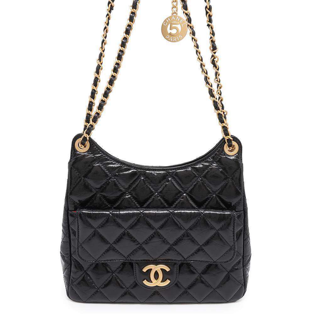 CHANEL Matelasse CC Logo Hobo Bag BlackAS4322 Shiny Crumple Calf Leather