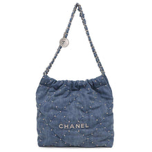 将图像加载到图库查看器中，CHANEL CHANEL22 ChainShoulder Bag BlueAS3260 Washed Denim Size Small
