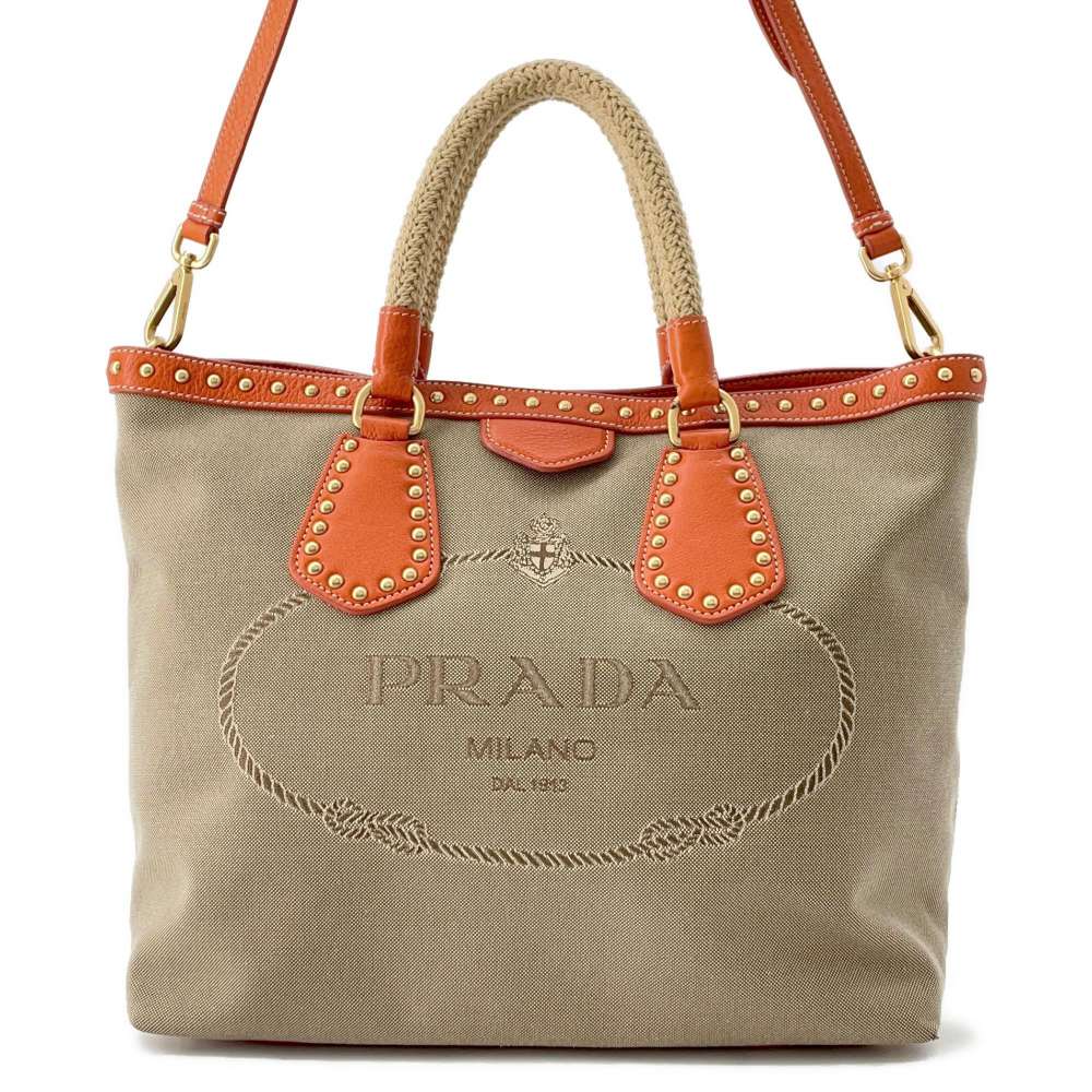 PRADA Logo 2way Tote Bag Beige/OrangeBN1448 Canvas