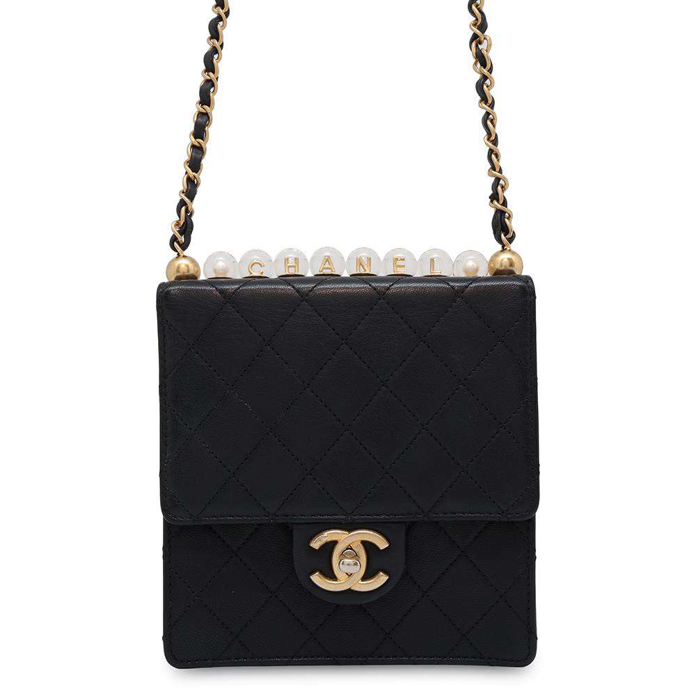 CHANEL Matelasse Imitation Pearl ChainShoulder Bag BlackAS0584 Goatskin Leather