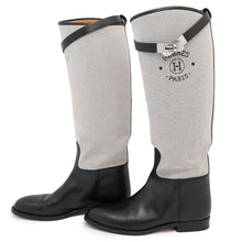 将图像加载到图库查看器中，HERMES JumpingBoots Black Toile H Calf Leather Size 37
