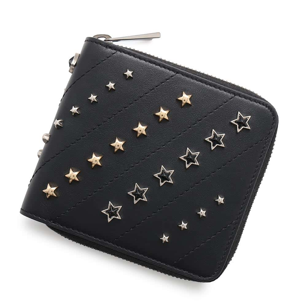 JIMMY CHOO Lawrence Diagonal Studded Zip Around Wallet Black Leather/Studded