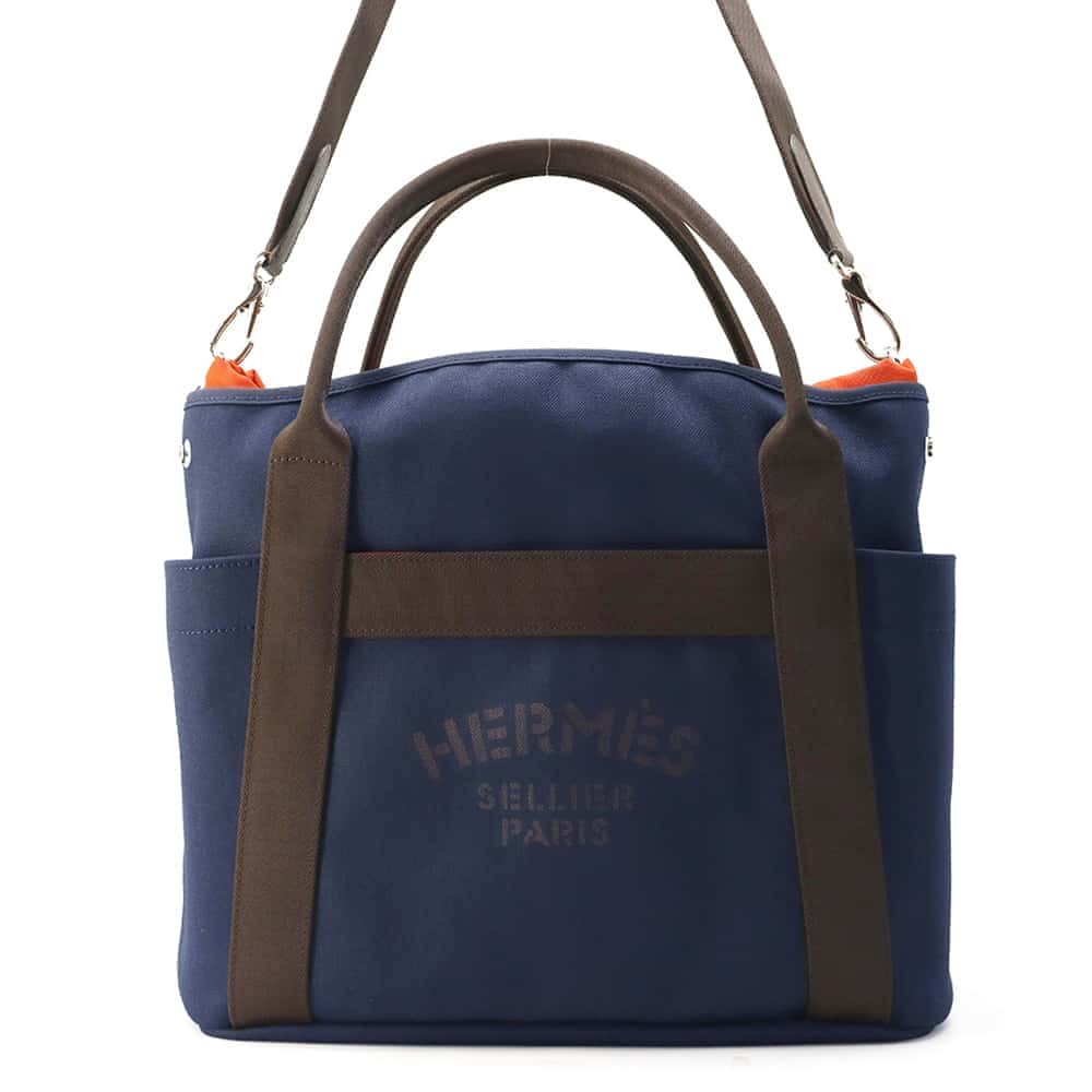 HERMES Sac de Pansage Navy/Feu Toile Chevrons Canvas