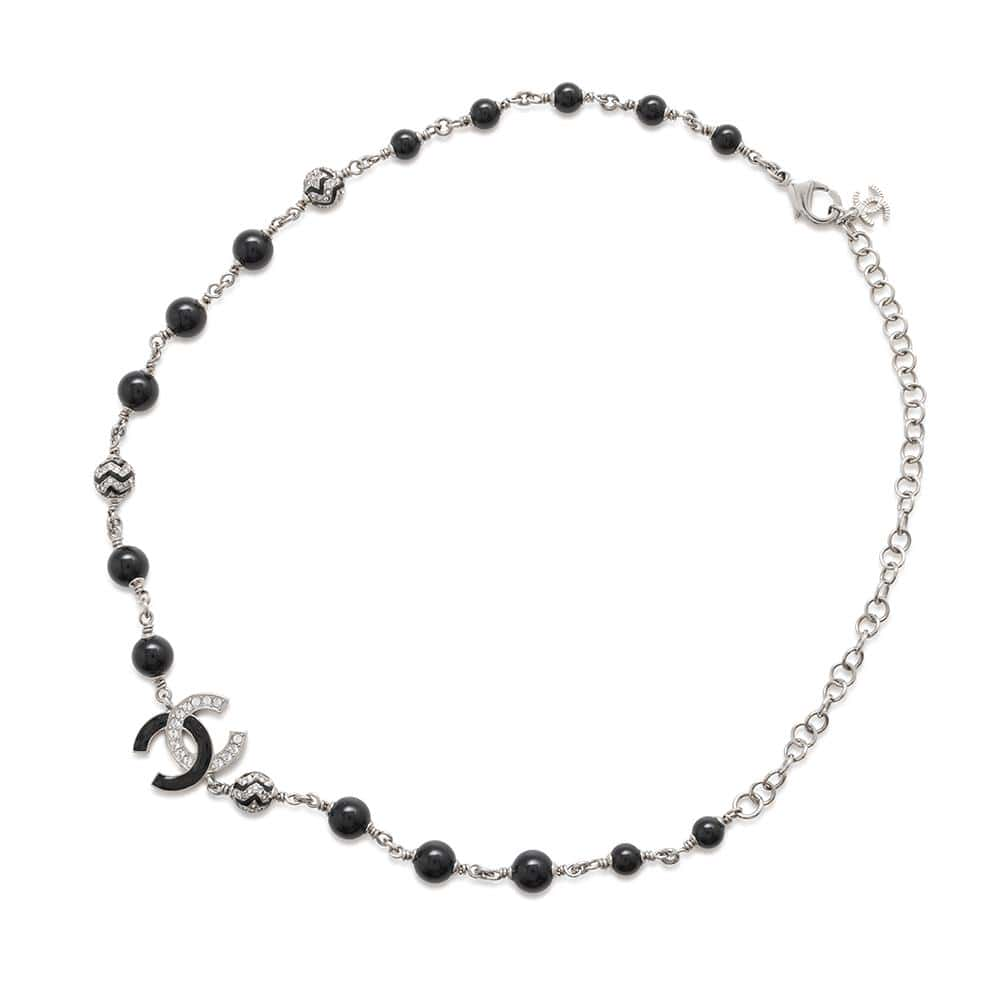 CHANEL CC Logo Ball Chain Necklace Black/Silver Metal strass