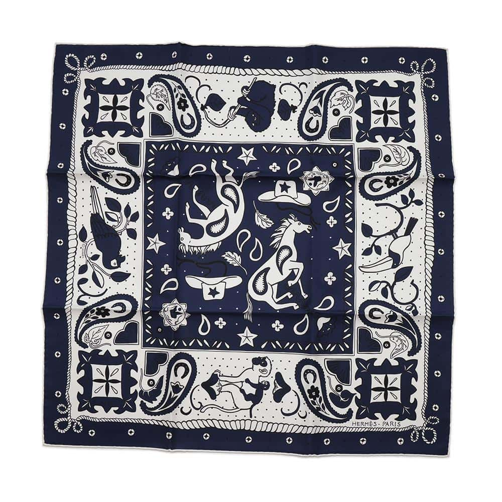 HERMES Carré H Silk Bandana NIMAUX BANDANA Animal Bandana Size 55 Marine/Blue Encre/Black Silk100%