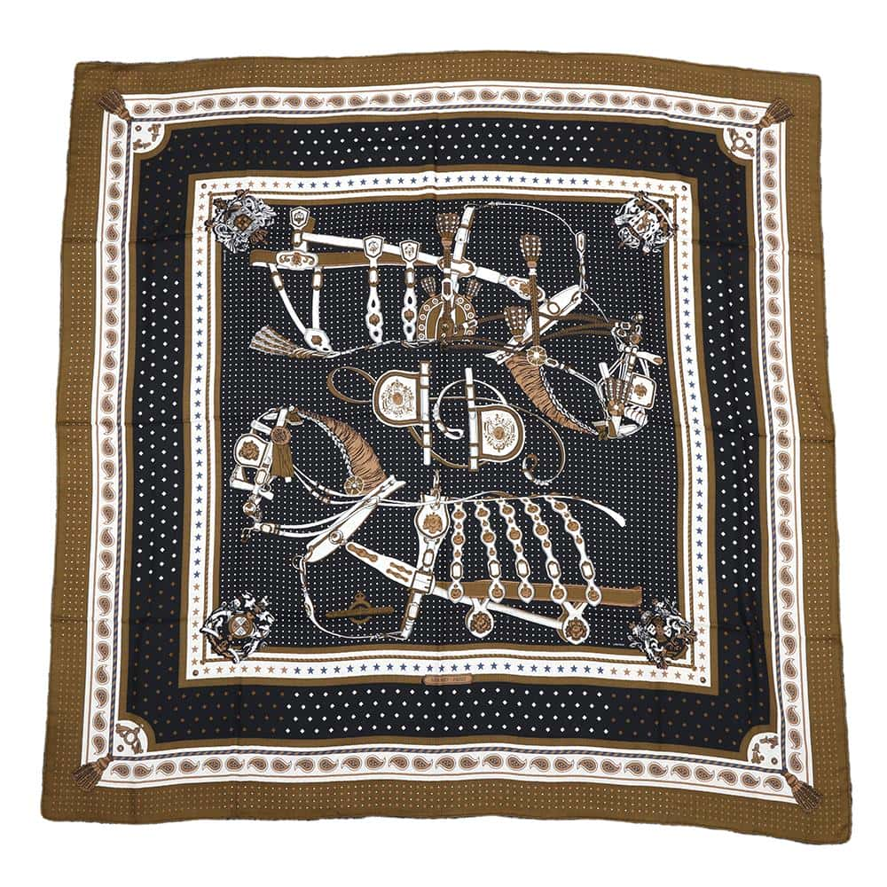 HERMES Carre Jean Harnais de Cour Bandana Court Horse Harness Size 140 Bronze/Black/White Cashmere70% Silk30%