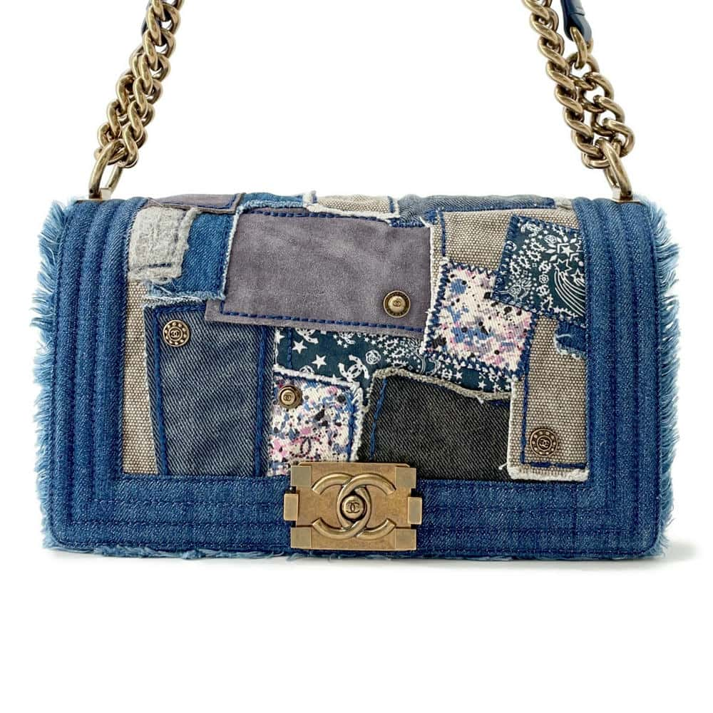 CHANEL Boy Chanel Patchwork ChainShoulder Bag Blue Denim