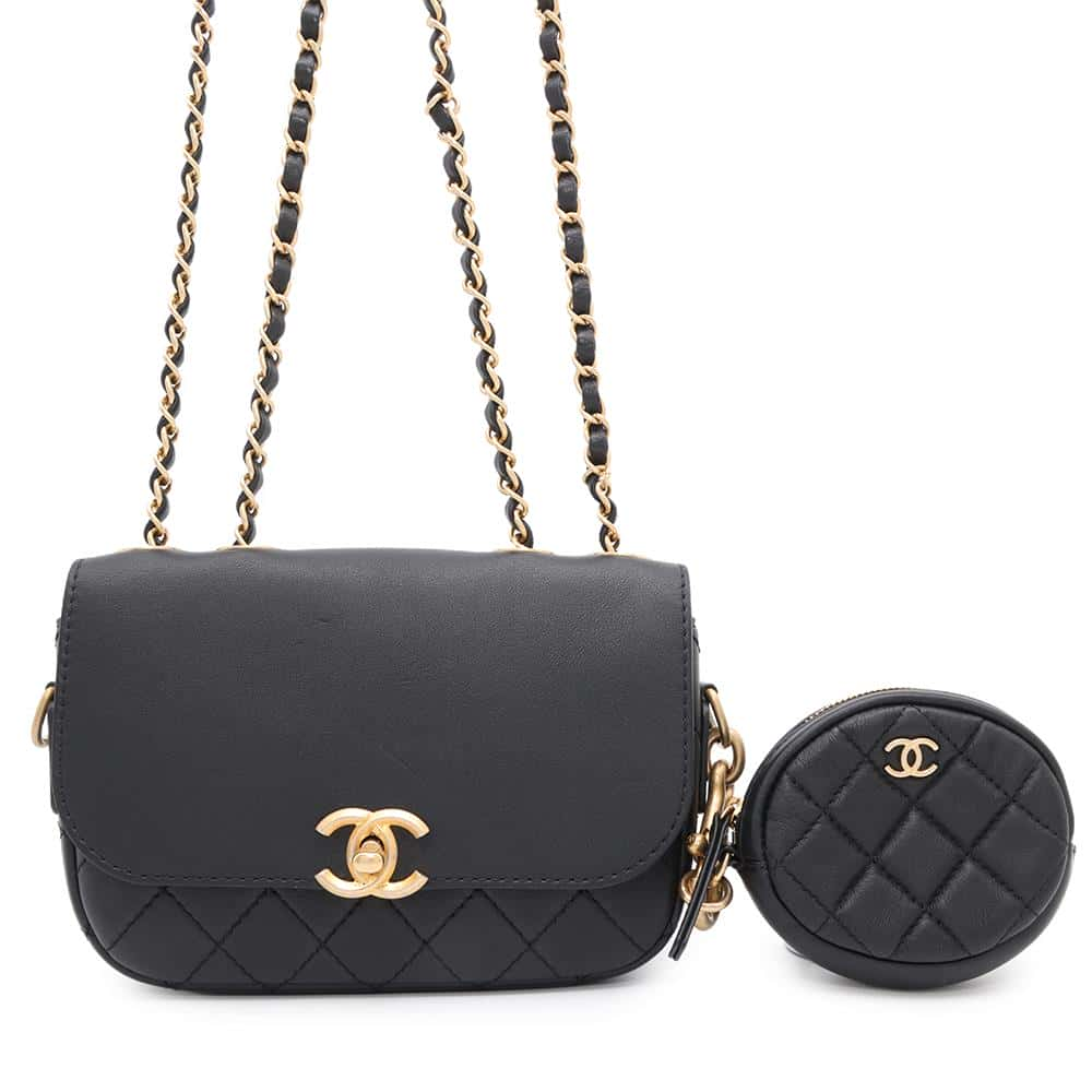 CHANEL Matelasse Flap Bag & Coin Purse ChainShoulder Bag BlackAS1094 Calf Leather