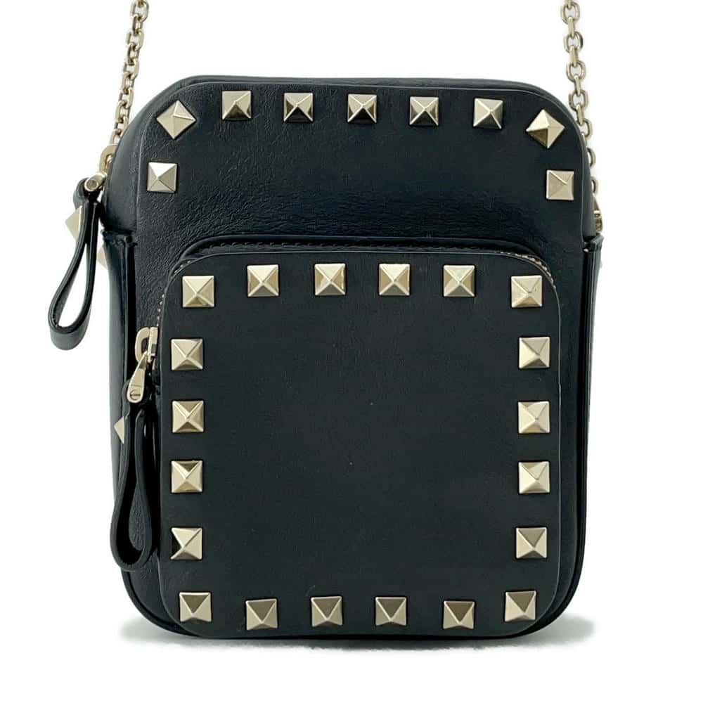 Valentino Garavani Rock Studded Chain Shoulder Black Leather