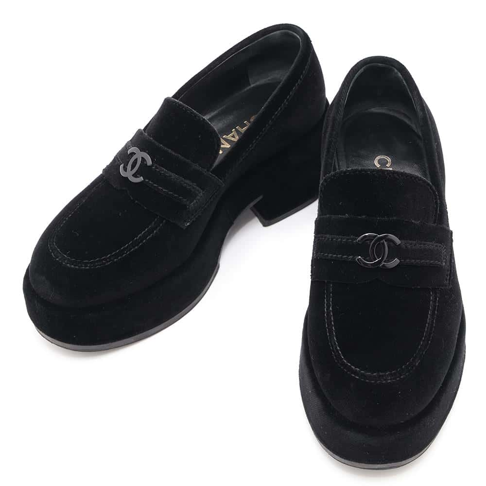 CHANEL Chunky Loafers with CC Logo BlackG39206 Velvet Size 35.5C