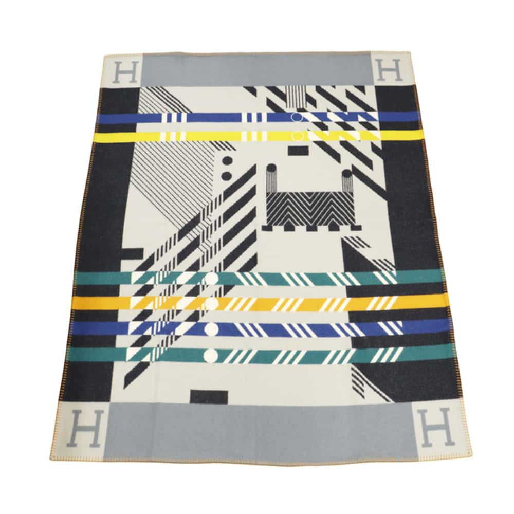 HERMES Avalon Jump H Blanket Gray/Multicolor Wool 90% Cashmere10%