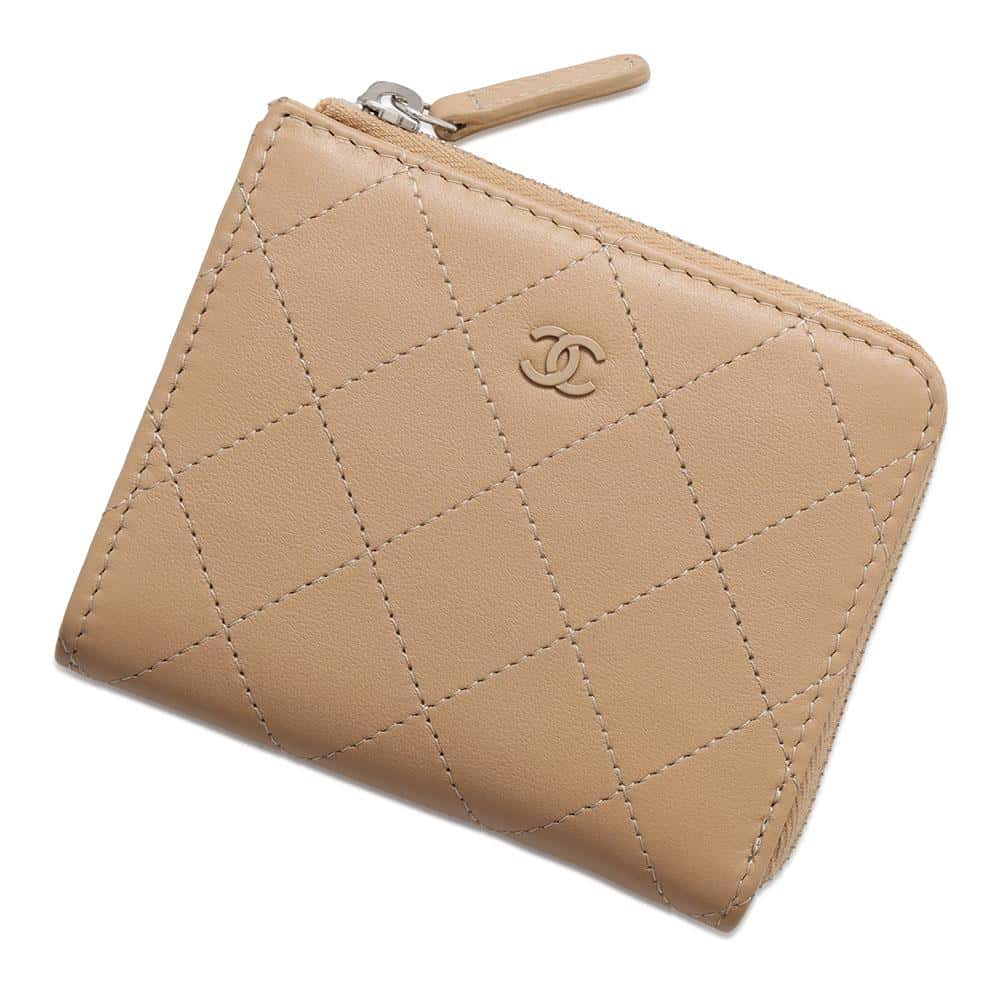 CHANEL Matelasse L-shaped zipper compact wallet BeigeAP3997 Calf Leather