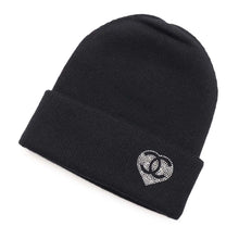 Load image into Gallery viewer, CHANEL CC Logo Heart Motif Knit Cap BlackAAA739 Cashmere100% Rhinestone
