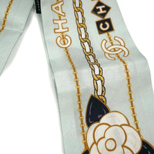 将图像加载到图库查看器中，CHANEL CC Logo Camellia Chain Motif Scarf BlueAA8232 Silk100%
