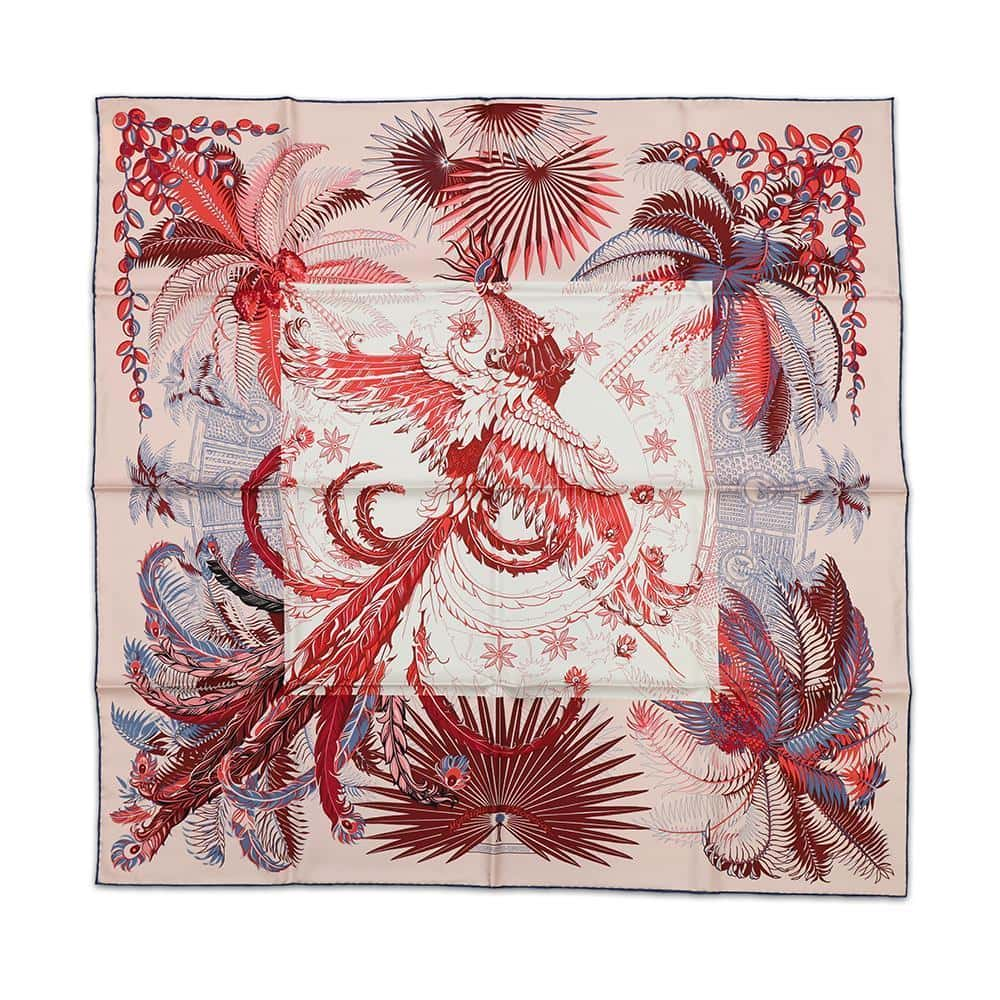 HERMES Carre Large Scarf Mythiques Phoenix Coloriages Size 90 Rose Pale/Corail Silk100%