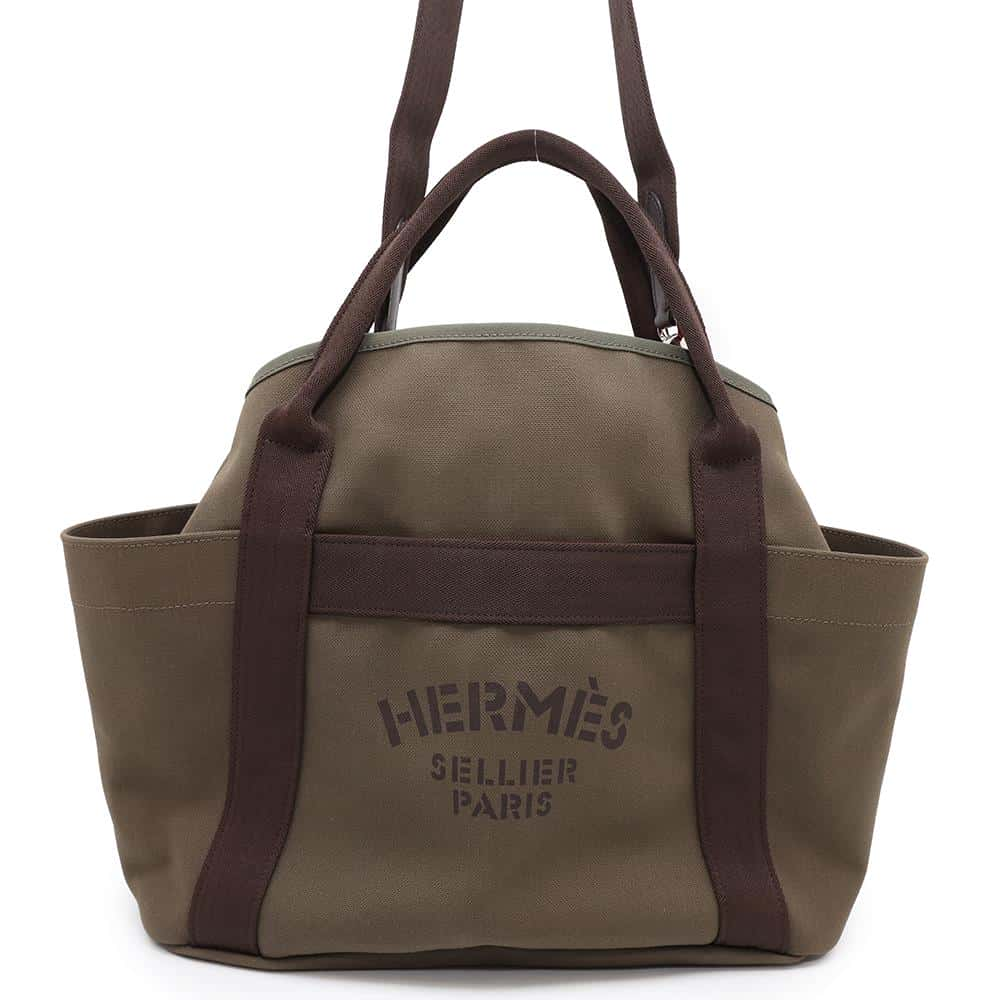 HERMES Sac de Pansage Groom Khaki/Fu Canvas Leather