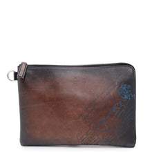 将图像加载到图库查看器中，Berluti Nino Calligraphy Clutch Bag Brown/Navy Leather Nylon Size GM
